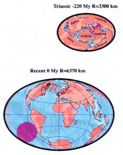 Figure 3. The expanding terrestrial globe: Trias; Recent (from Scalera 2003a). Scalera also shows a projection 250 Myr hence, with even greater expansion,and no clustering of continents to form Novopangaea or Pangaea Ultima.